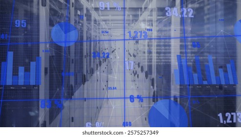 Image of diagrams and data processing over server room. Global technology and digital interface concept, digitally generated image.