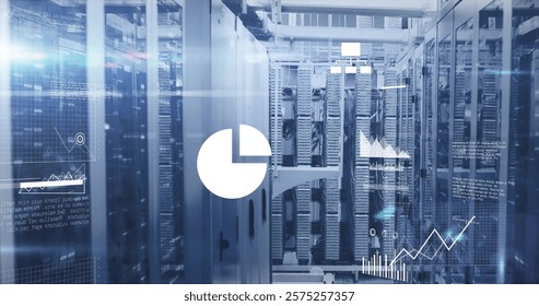 Image of diagrams and data processing over server room. Global technology and digital interface concept, digitally generated image.