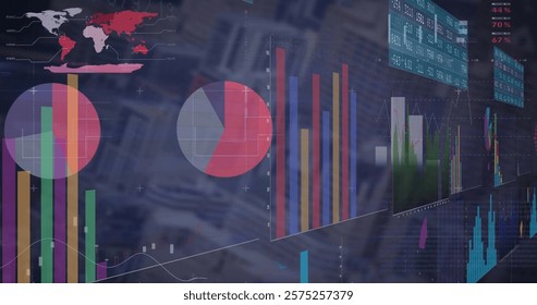 Image of diagrams and data processing over world map and cityscape. Global technology and digital interface concept, digitally generated image.