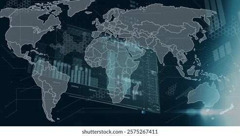 Image of diagrams and data processing over world map. Global technology and digital interface concept digitally generated image.