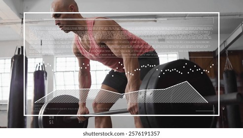 Image of diagrams and data processing over caucasian sportsman lifting weight bar at gym. Technology, sport and digital interface concept digitally generated image.