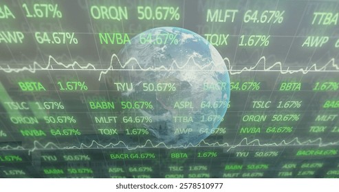 Image of diagrams and data processing over globe. Global technology, business and digital interface concept digitally generated image.