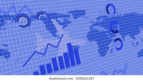 Image of diagrams and data processing over world map and plane. Global travel, technology and digital interface concept digitally generated image.
