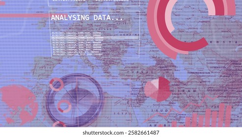 Image of diagrams and data processing over world map and compass. Global travel, technology and digital interface concept digitally generated image.