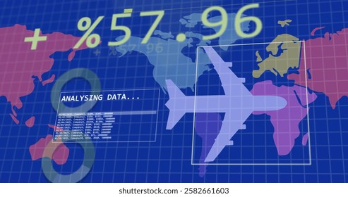 Image of diagrams and data processing over world map and plane. Global travel, technology and digital interface concept digitally generated image. - Powered by Shutterstock - Get 15% off with code: PIKWIZARD15