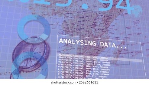 Image of diagrams and data processing over world map and compass. Global travel, technology and digital interface concept digitally generated image. - Powered by Shutterstock - Get 15% off with code: PIKWIZARD15
