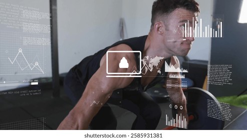Image of diagrams and data processing over caucasian strongman lifting weight bar. Global technology, sport and digital interface concept digitally generated image.