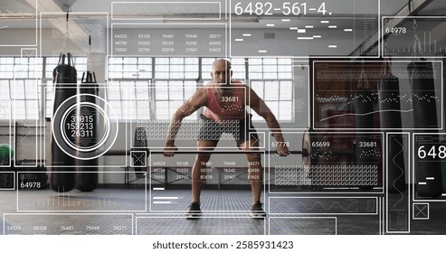 Image of diagrams and data processing over caucasian strongman lifting weight bar. Global technology, sport and digital interface concept digitally generated image.