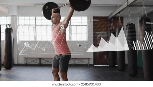 Image of diagrams and data processing over caucasian strongman lifting weight bar. Global technology, sport and digital interface concept digitally generated image.