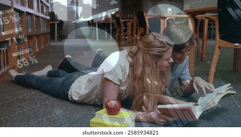 Image of diagrams and data processing over caucasian students learning in library. Technology, education and digital interface concept digitally generated image.