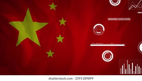 Image of diagrams and data processing over flag of china. Technology, patriotism, flags and digital interface concept digitally generated image.