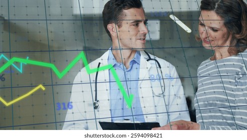 Image of diagrams and data processing over caucasian male doctor talking with female patient. Global medicine and digital interface concept digitally generated image.