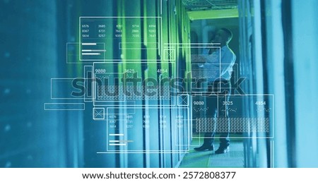Image of diagrams and data processing over biracial male worker in server room. Technology and digital interface concept digitally generated image.