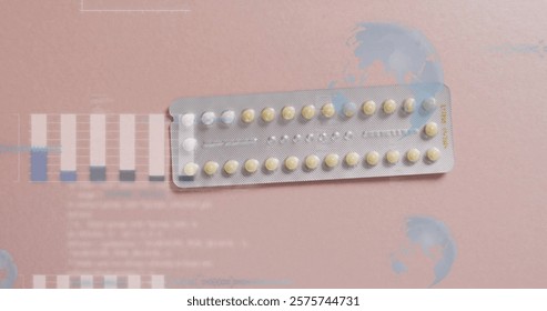 Image of diagrams with globes and sequential pills on pink background. Medicine, science and digital interface concept digitally generated image.