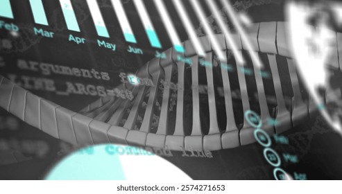 Image of diagrams over dna strands. Technology, science and digital interface concept digitally generated image.