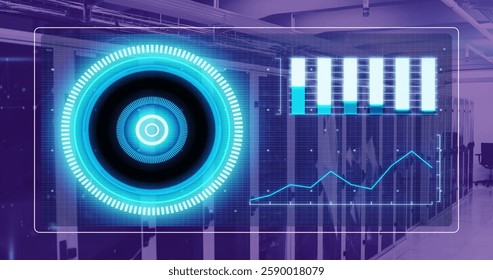 Image of diagrams, scope scanning and data processing over server room. Global technology and digital interface concept digitally generated image.