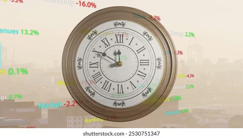 Image of diagrams and stock market with clock over cityscape. Global business, time and digital interface concept, digitally generated image. - Powered by Shutterstock - Get 15% off with code: PIKWIZARD15