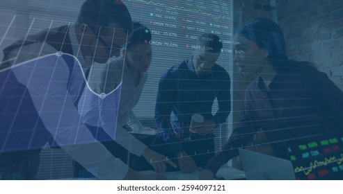 Image of diagrams and stock market over diverse colleagues discussing work. Global business and digital interface concept digitally generated image.