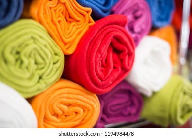 Image Of Different Cotton Colour Towels In The Textile Shop