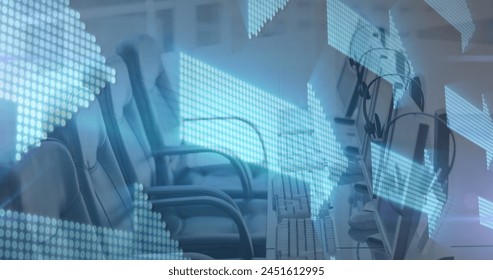 Image of digital arrows over computers in empty office in background. global technology, networking and digital interface concept digitally generated image.