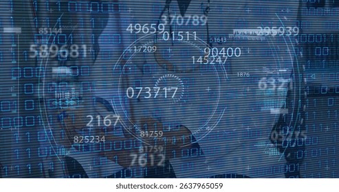 Image of digital binary codes with counter moving against doctor working in hospital. Digital composite, multiple exposure, data, computer instructions, medical and healthcare concept.
