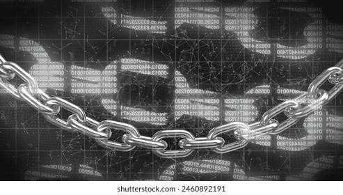 Image of digital block chains with data processing and binary coding. Global online security, digital interface and data processing concept digitally generated image. - Powered by Shutterstock - Get 15% off with code: PIKWIZARD15