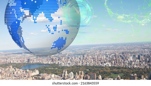 Image of digital brain, moving clocks and globe over cityscape. global business, data processing and digital interface concept digitally generated image.