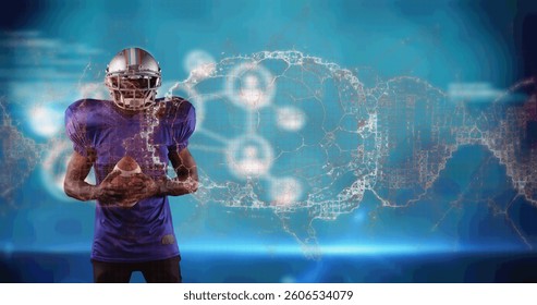 Image of digital brain spinning over male american football player holding ball. global sports, fitness and data processing concept digitally generated image.