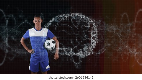 Image of digital brain spinning over female football player holding ball. global sports, fitness and data processing concept digitally generated image.