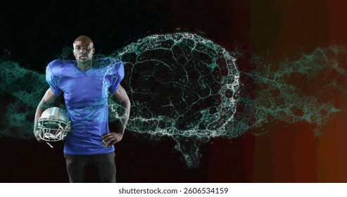 Image of digital brain spinning over male american football player holding helmet. global sports, fitness and data processing concept digitally generated image.