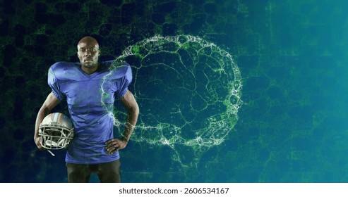 Image of digital brain spinning over male american football player holding helmet. global sports, fitness and data processing concept digitally generated image.