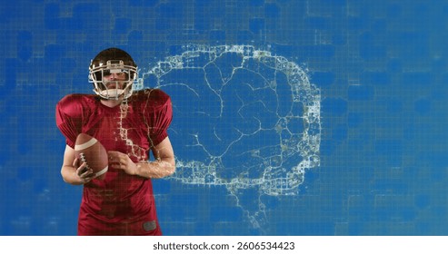 Image of digital brain spinning over male american football player holding ball. global sports, fitness and data processing concept digitally generated image.