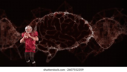 Image of digital brain spinning over male american football player holding ball. global sports, fitness and data processing concept digitally generated image.