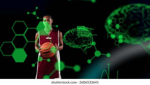 Image of digital brains and data processing over female basketball player holding ball. global sports, fitness and data processing concept digitally generated image.