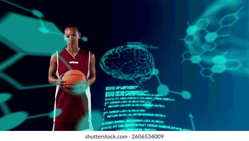 Image of digital brains and data processing over female basketball player holding ball. global sports, fitness and data processing concept digitally generated image.