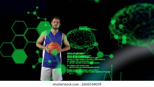 Image of digital brains and data processing over male basketball player holding ball. global sports, fitness and data processing concept digitally generated image.