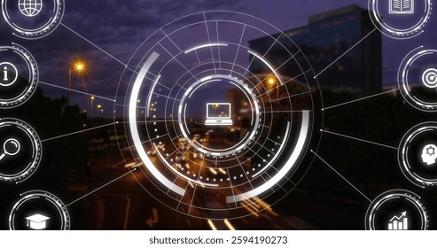 Image of digital cions and data processing over cityscape. Global finance, business, connections, computing and data processing concept digitally generated image.