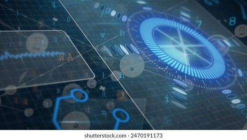 Image of digital circle, floating icons and programming language over abstract background. Digitally generated, hologram, geometric shape, communication and wireless technology.