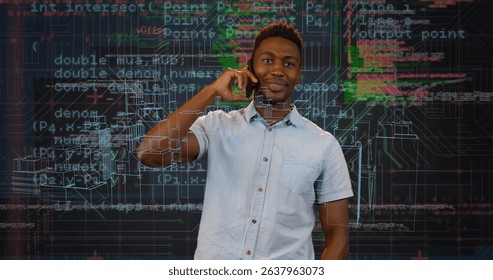 Image of digital city and data processing over african american man talking on smartphone. Global technology, computing and digital interface concept digitally generated image.