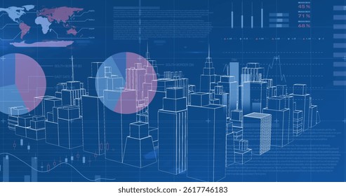 Image of digital city over data processing on blue background. global technology, computing and digital interface concept digitally generated image.