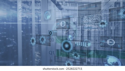 Image of digital clock, radars, globe, computer language against server racks in background. Digital composite, multiple exposure, globalization, coding, networking, technology concept.