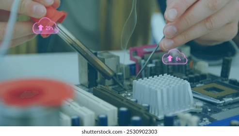 Image of digital cloud icons over two female students smiling and working together. Education business social media network interface concept digital composite.