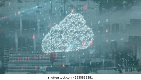 Image of digital cloud and numbers over citycape. Network, data processing, digital security and technology concept digitally generated image.