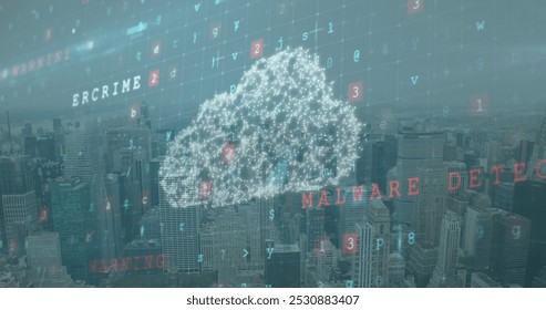 Image of digital cloud and numbers over citycape. Network, data processing, digital security and technology concept digitally generated image.