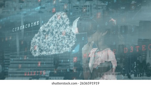 Image of digital cloud and numbers over african american woman in vr headset and citycsape. Network, data processing, digital security and technology concept digitally generated image.