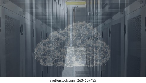 Image of digital cloud over server room. Cloud computing, network, data and technology concept digitally generated image.