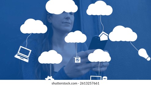 Image of digital clouds with icons over woman using smartphone. global networks, connections, data storage and digital interface concept digitally generated image.