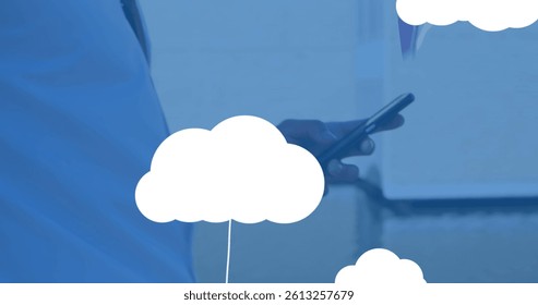 Image of digital clouds with icons over man using smartphone. global networks, connections, data storage and digital interface concept digitally generated image.