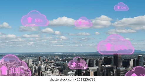 Image of digital clouds with percent going up over cityscape. global connections, data storage and processing, digital interface concept digitally generated image.