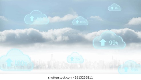 Image of digital clouds with percent going up over cityscape. global connections, data storage and processing, digital interface concept digitally generated image.